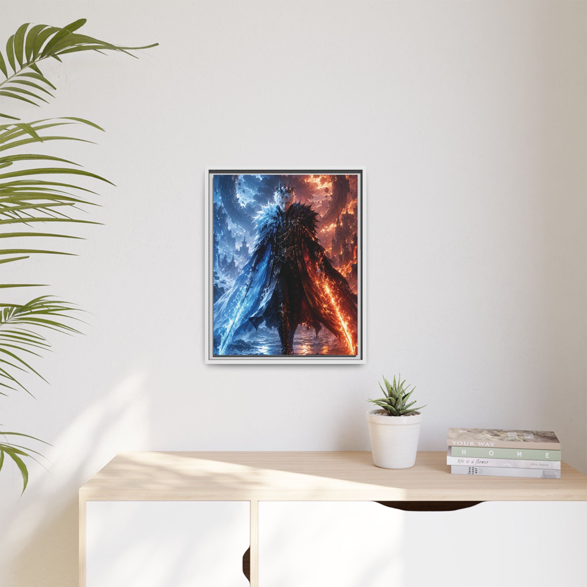 Framed Fantasy Canvas Print — Ice vs Fire Dark Knight Wall Art