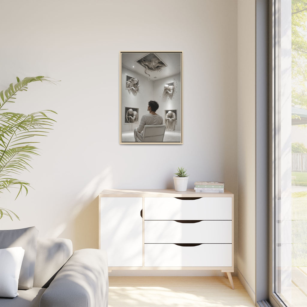 Surreal Wall Art Canvas — Man in Gallery with Sculpted Figures, Framed Matte Print