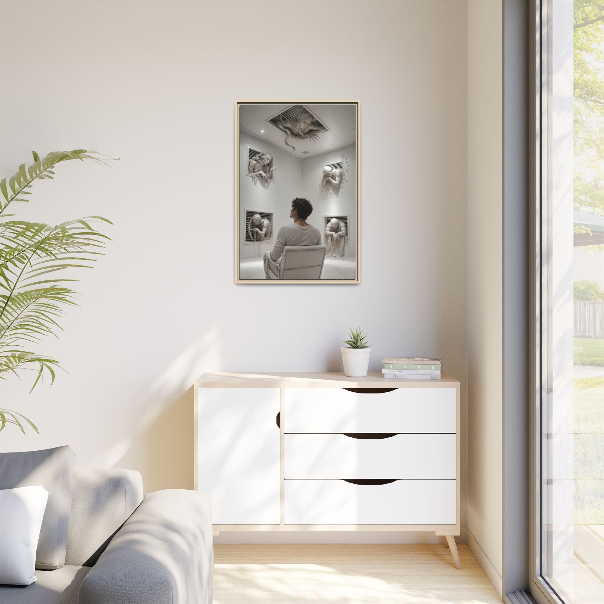 Surreal Wall Art Canvas — Man in Gallery with Sculpted Figures, Framed Matte Print