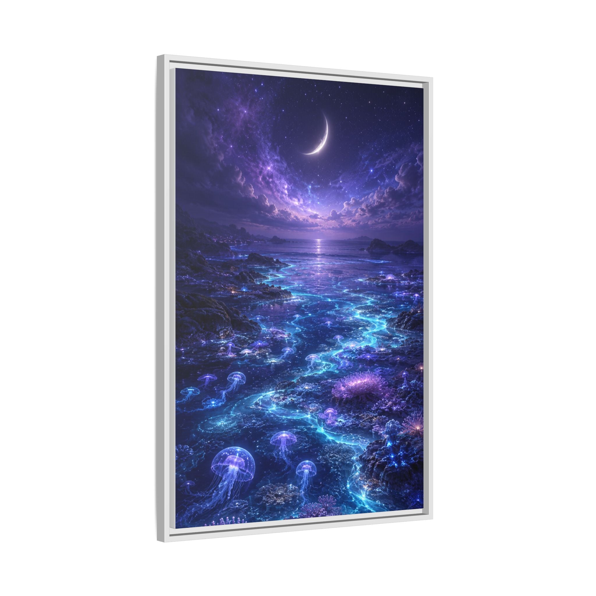 Framed Canvas Art — Bioluminescent Moonlit Ocean Scene