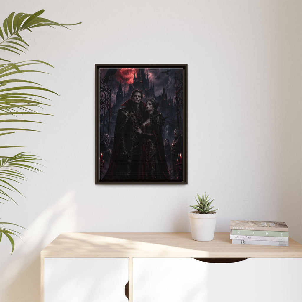Vampire Couple Matte Framed Canvas Art – Gothic Red Moon Wall Decor