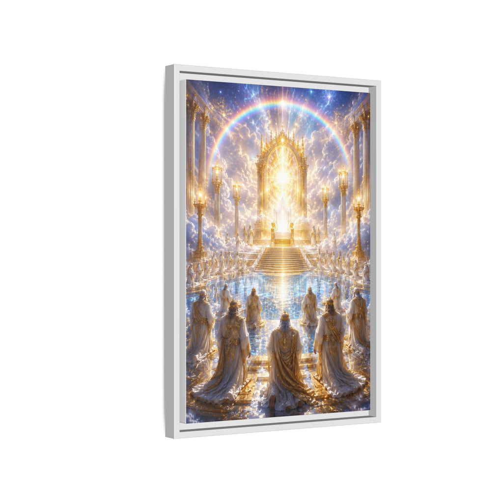 Heavenly Throne Room Matte Framed Canvas — Golden Angelic Realm Wall Art