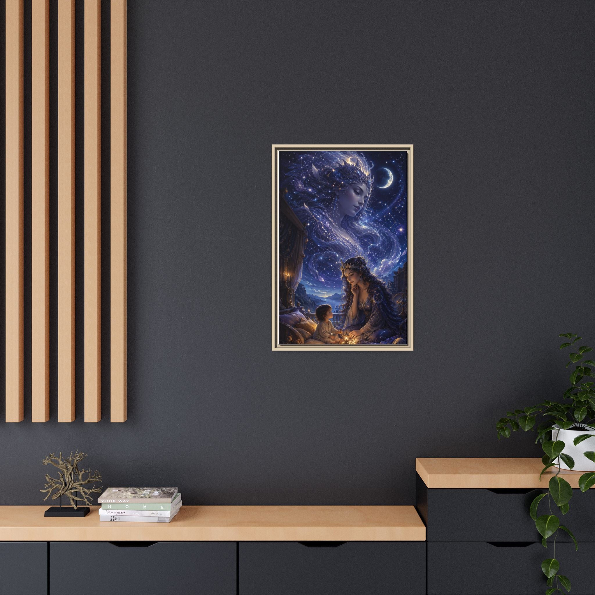 Framed Matte Canvas — Mystical Moon Mother & Child Nightscape Wall Art