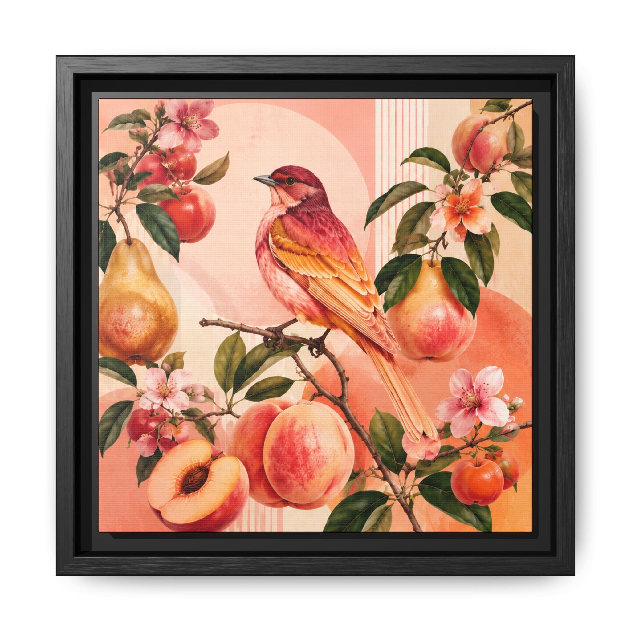 Framed Botanical Bird Canvas — Peach & Pear Vintage Wall Art