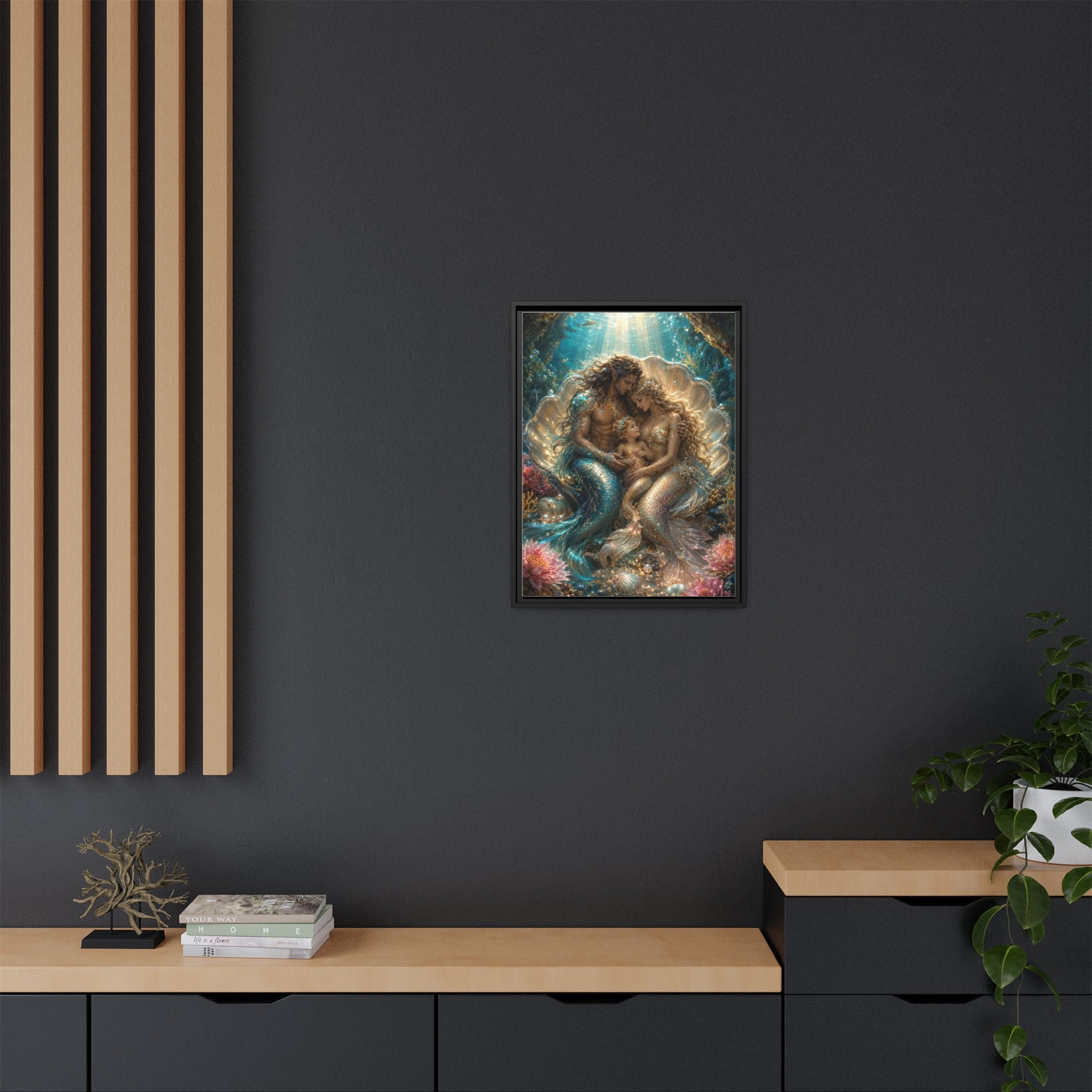 Framed Mermaid Family Art Print — Oceanic Fantasy Canvas Wall Decor