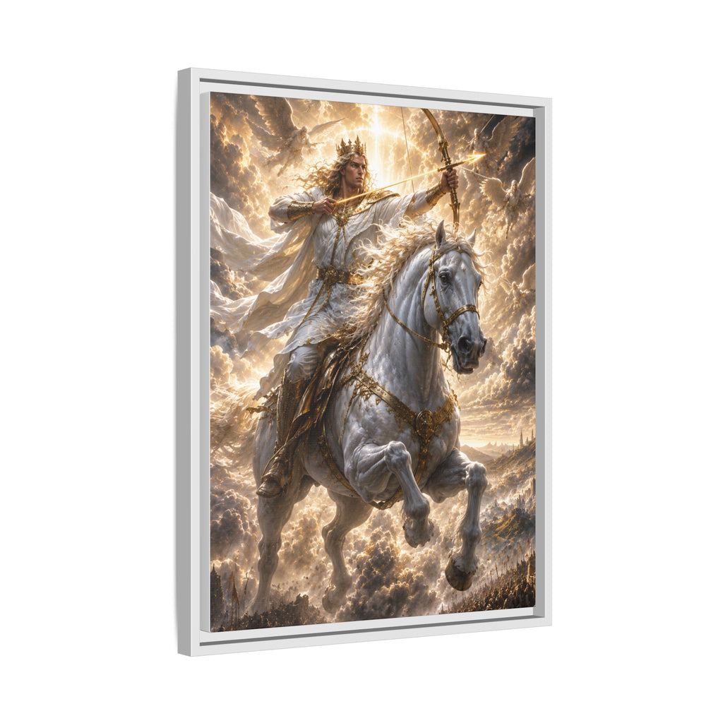 Mythic Warrior on White Steed — Framed Matte Canvas Wall Art