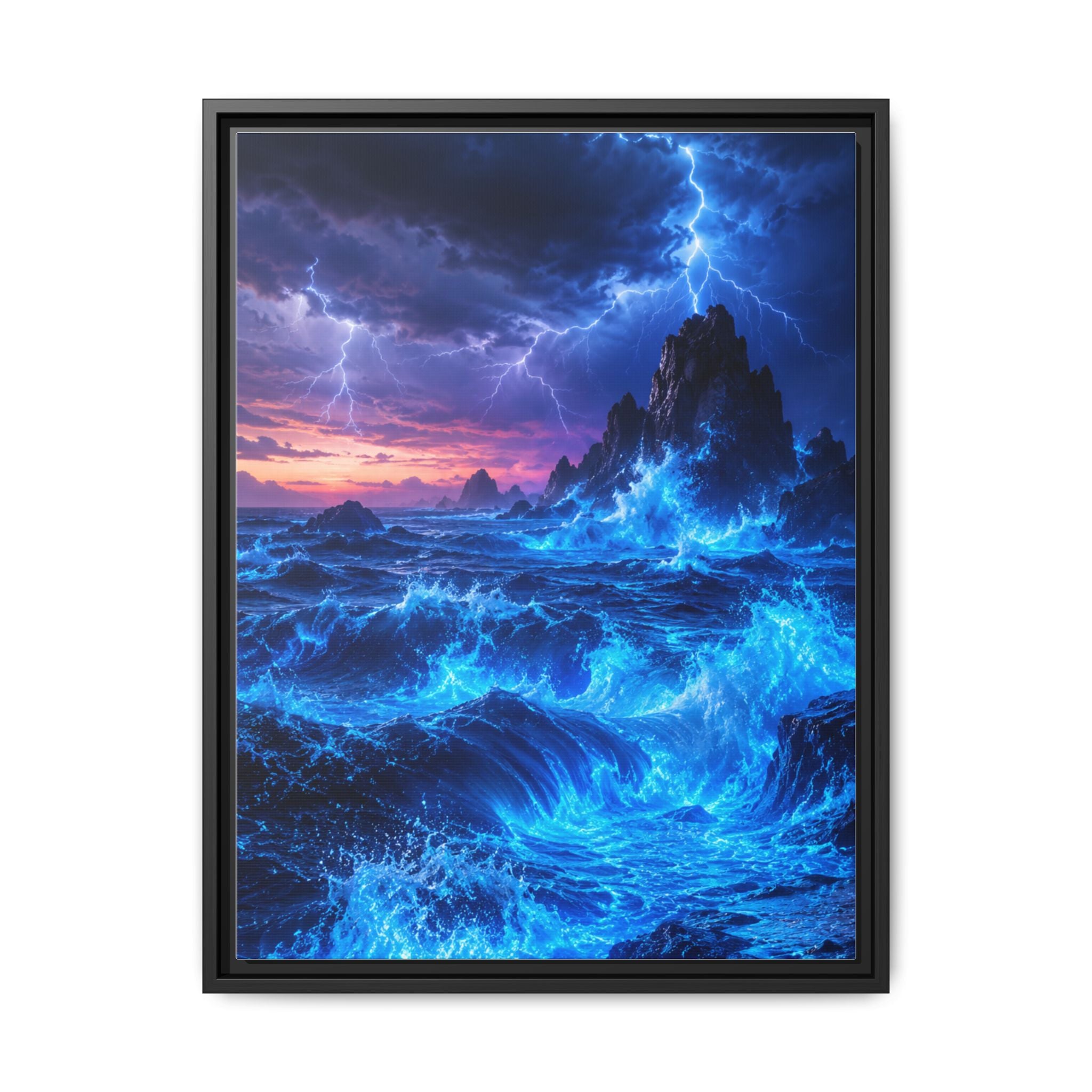 Framed Matte Canvas Art — Electric Stormy Ocean Landscape
