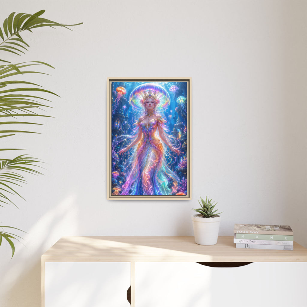 Jellyfish Queen Framed Canvas Art — Vibrant Mermaid Goddess Wall Print