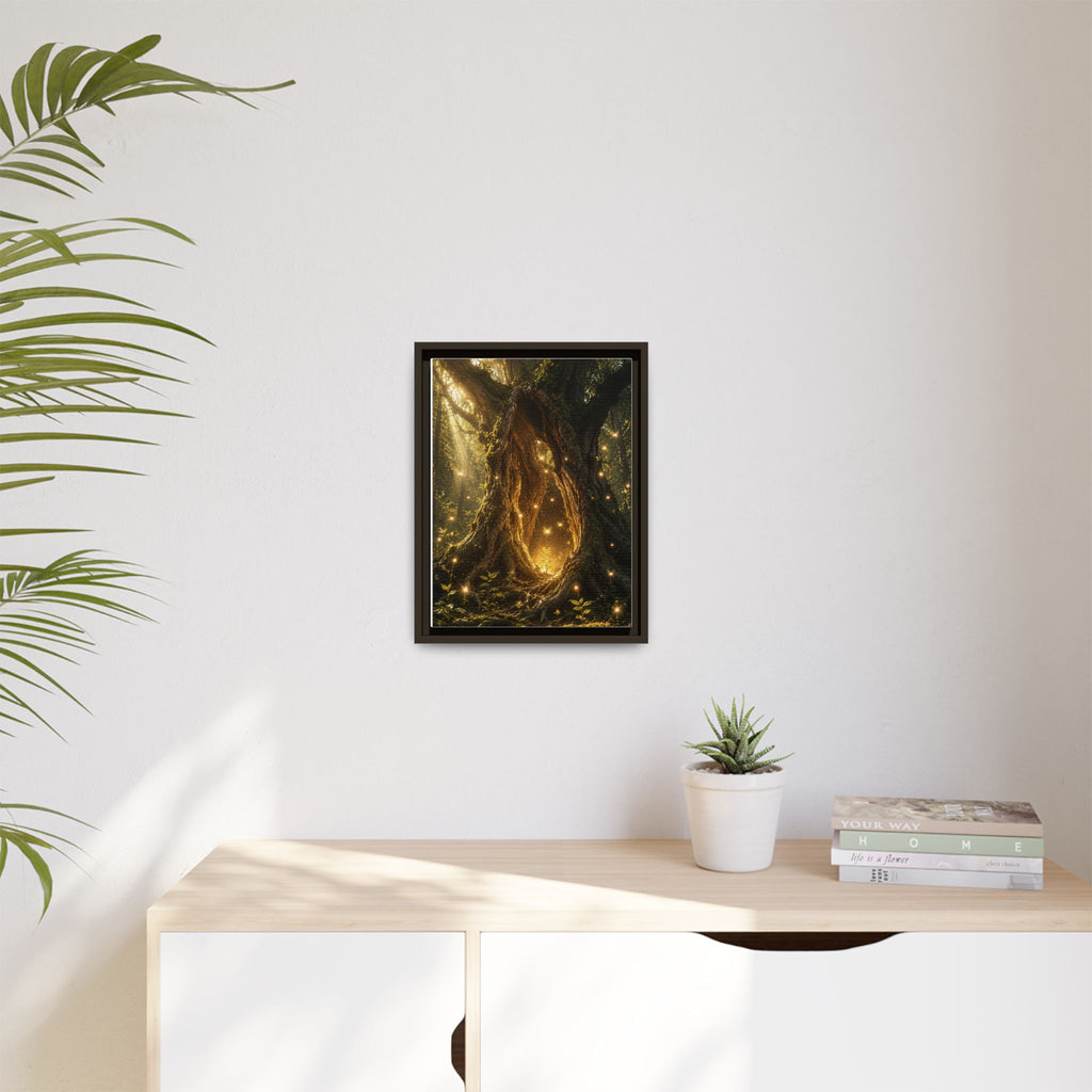 Framed Canvas Art - Enchanted Forest Tree with Glowing Fireflies