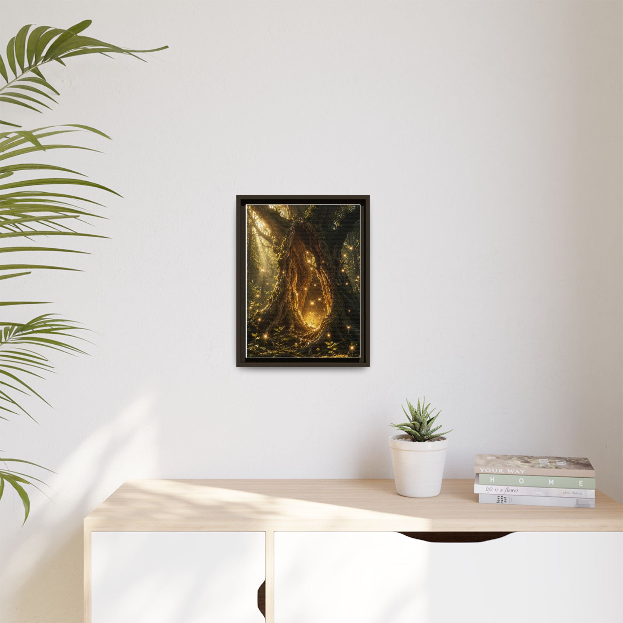 Framed Canvas Art - Enchanted Forest Tree with Glowing Fireflies
