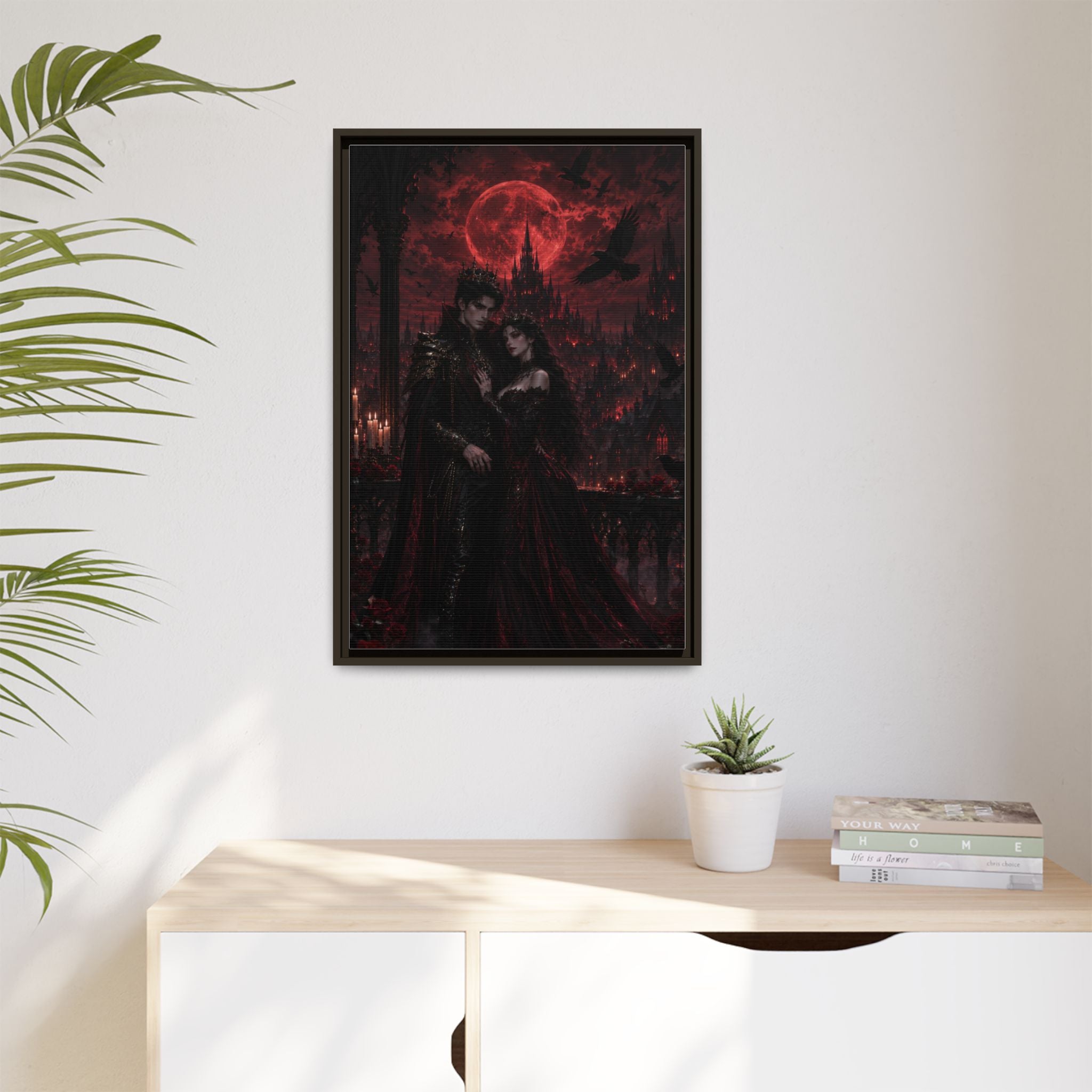 Vampire Lovers Matte Framed Canvas — Gothic Red Moon Wall Art