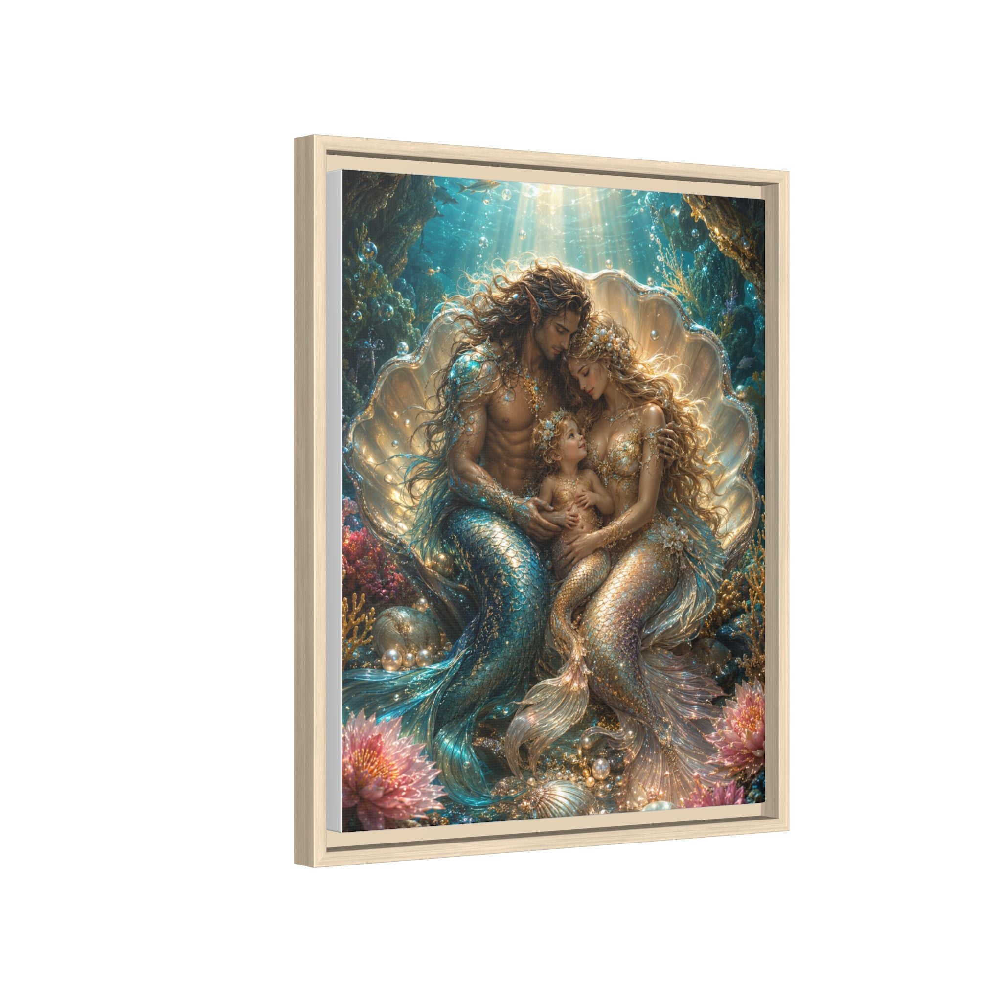 Framed Mermaid Family Art Print — Oceanic Fantasy Canvas Wall Decor