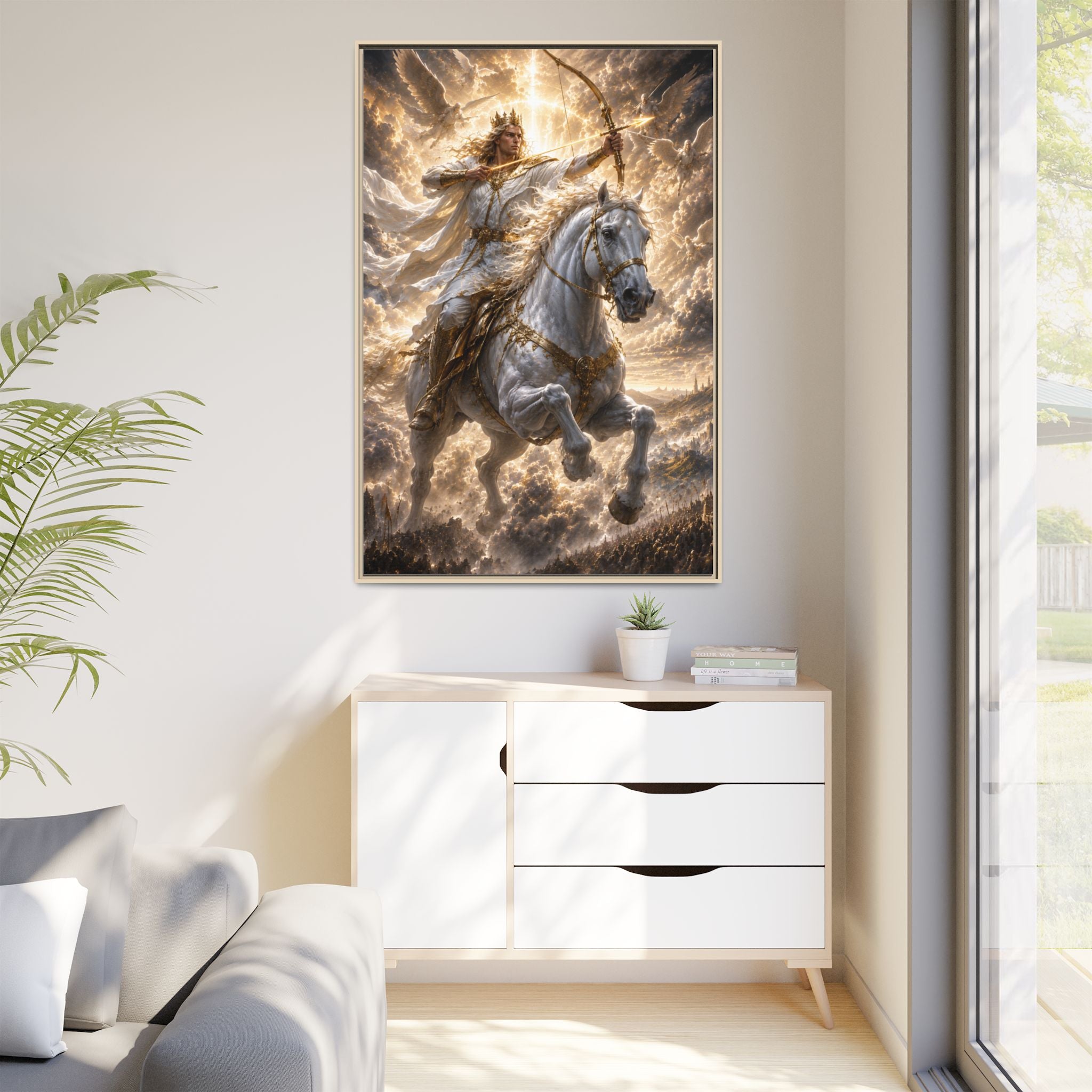 Mythic Warrior on White Steed — Framed Matte Canvas Wall Art