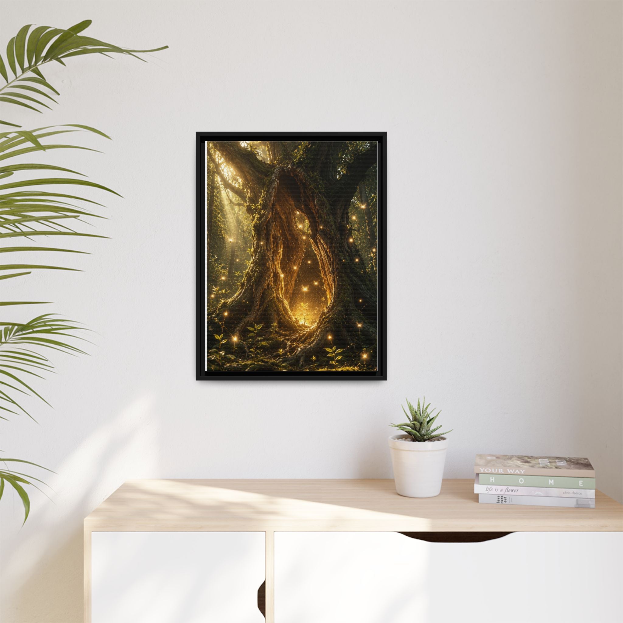 Framed Canvas Art - Enchanted Forest Tree with Glowing Fireflies