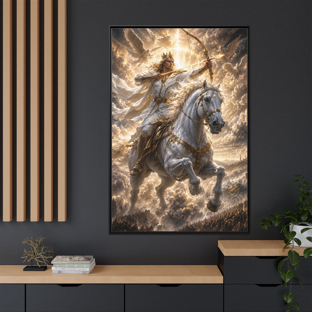 Mythic Warrior on White Steed — Framed Matte Canvas Wall Art