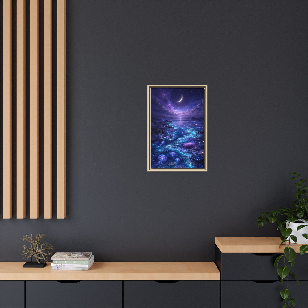 Framed Canvas Art — Bioluminescent Moonlit Ocean Scene