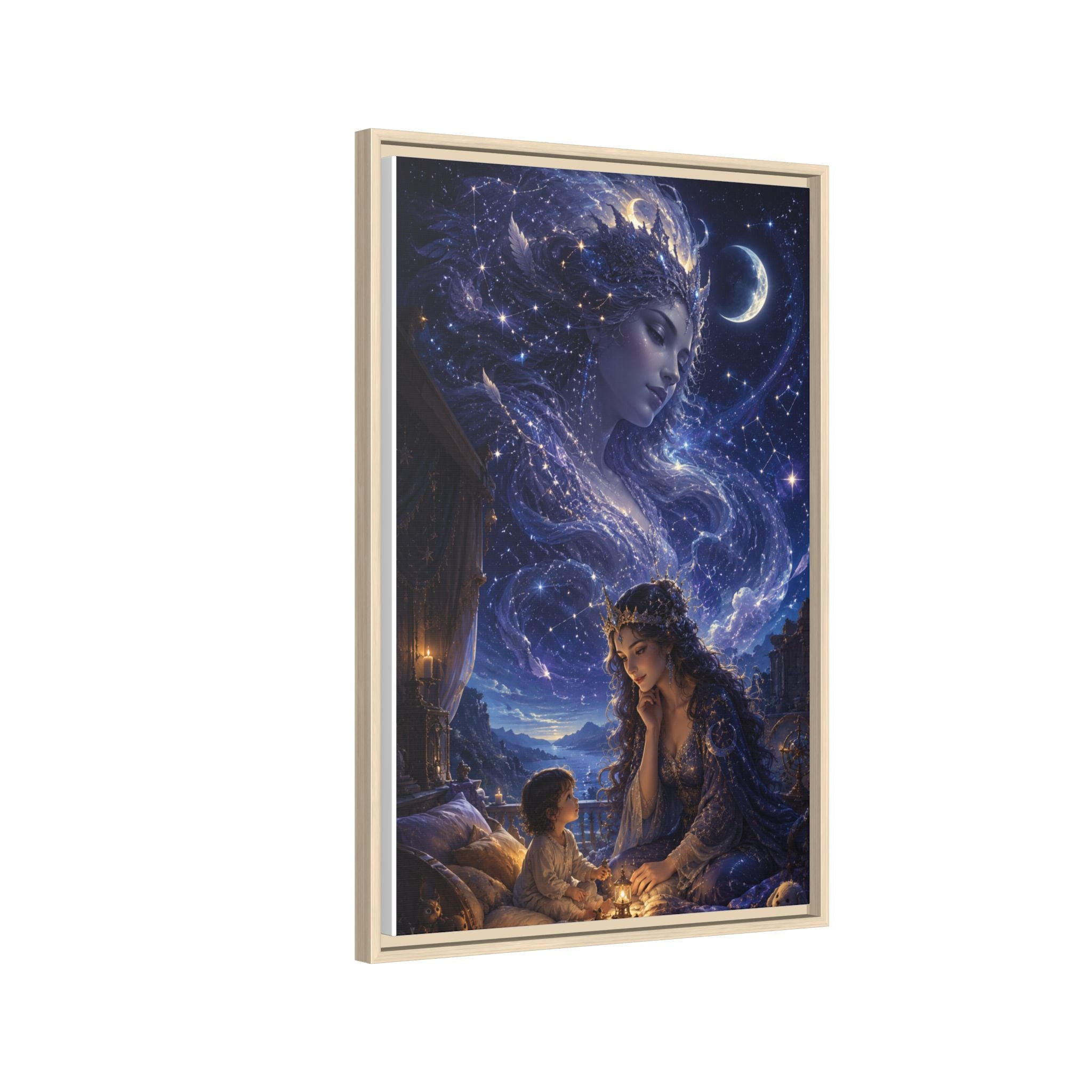 Framed Matte Canvas — Mystical Moon Mother & Child Nightscape Wall Art