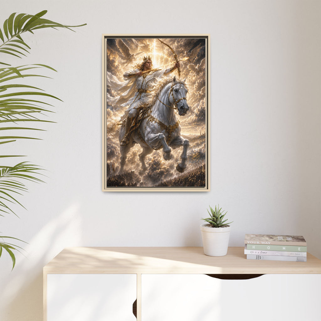 Mythic Warrior on White Steed — Framed Matte Canvas Wall Art