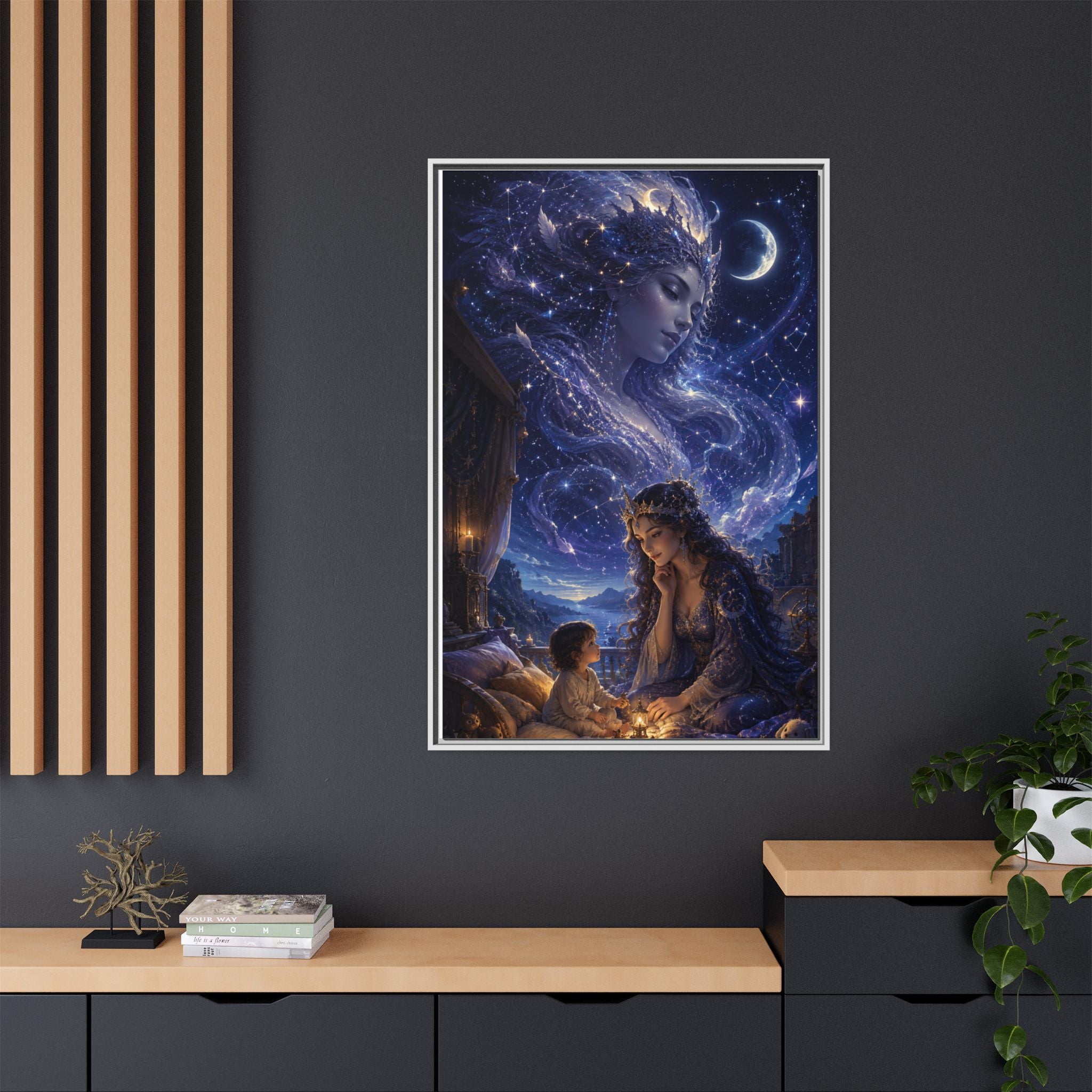 Framed Matte Canvas — Mystical Moon Mother & Child Nightscape Wall Art
