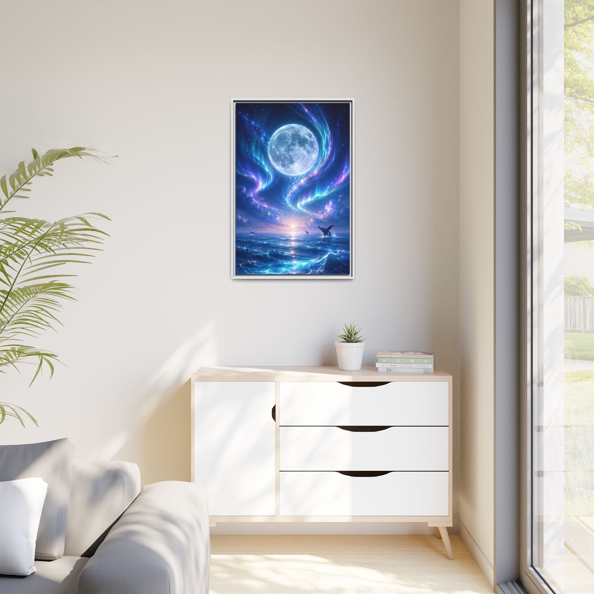 Framed Canvas Art - Lunar Aurora Ocean Scene