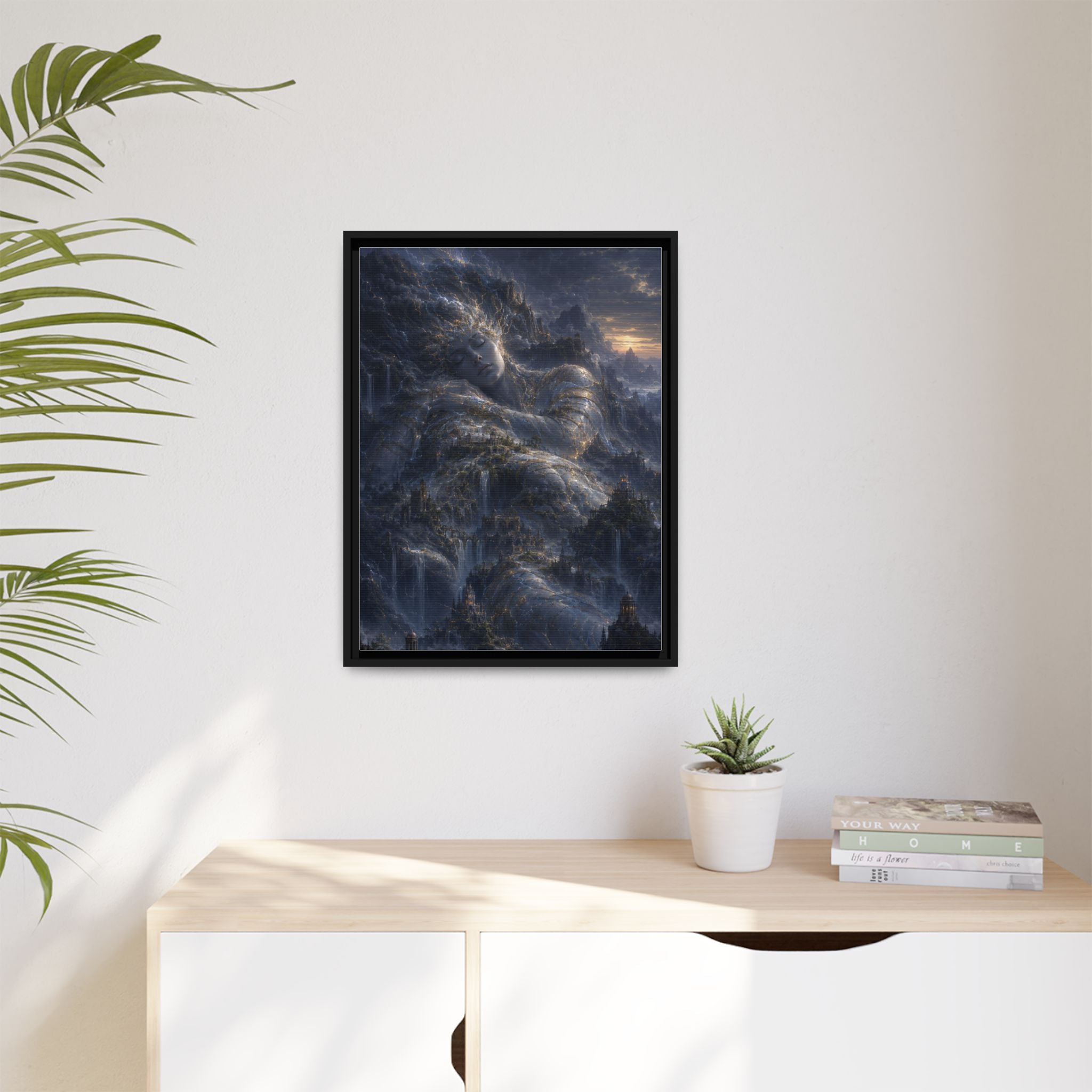 Framed Matte Canvas Wall Art — Misty Stormy Mountain Landscape