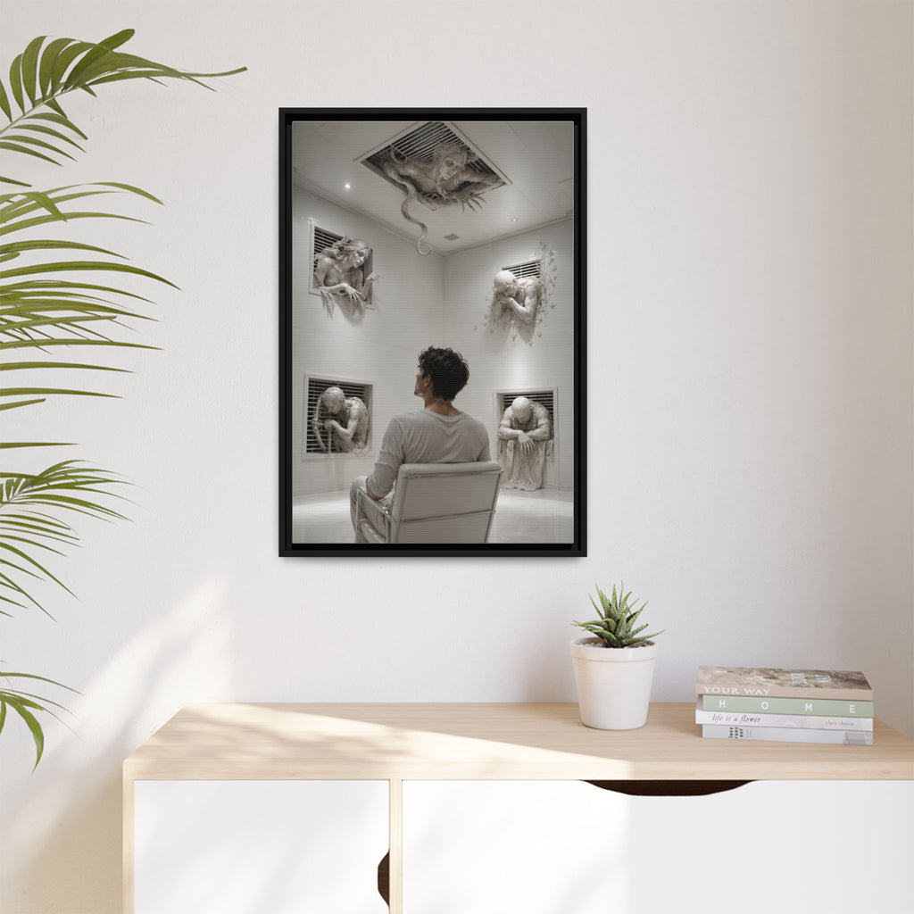 Surreal Wall Art Canvas — Man in Gallery with Sculpted Figures, Framed Matte Print