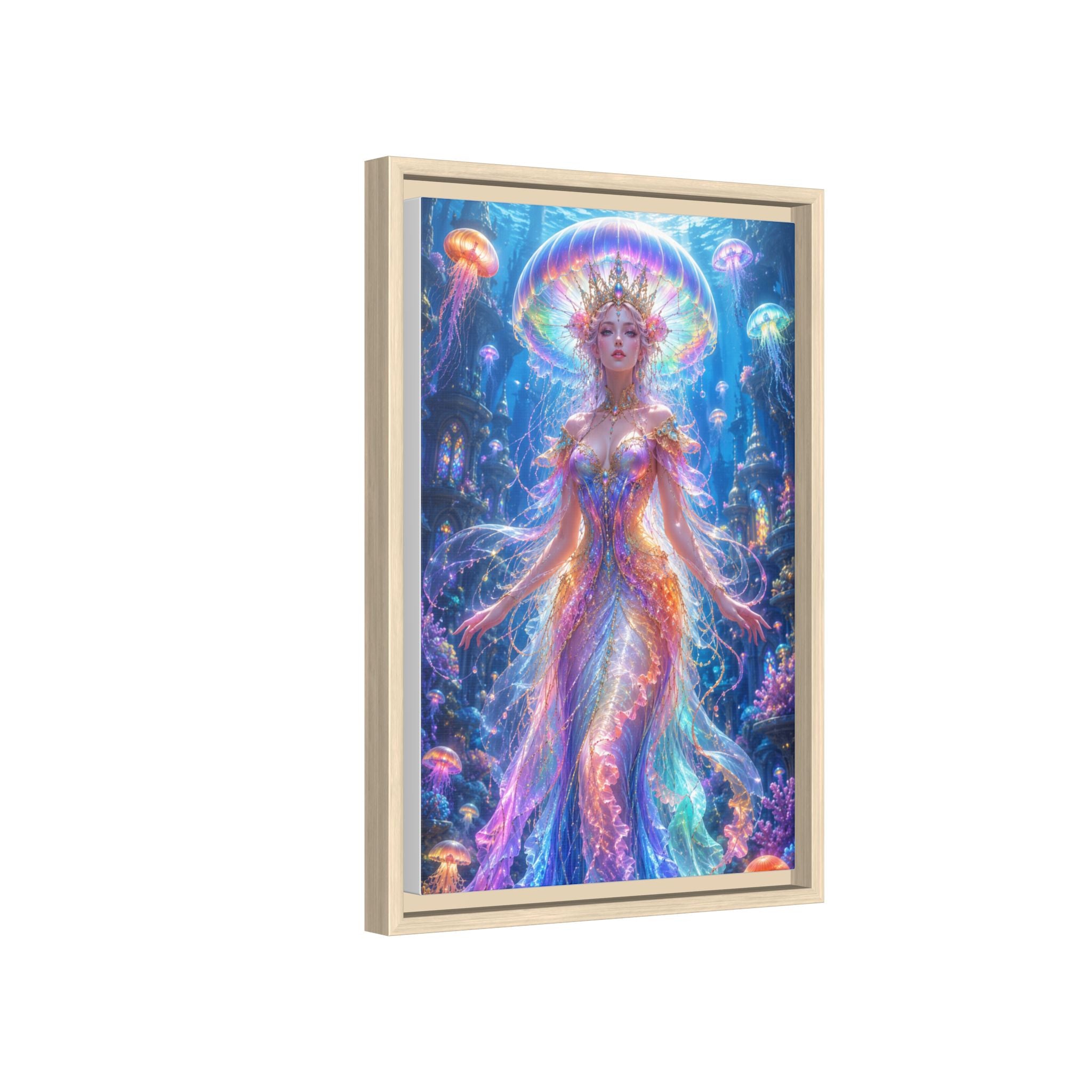 Jellyfish Queen Framed Canvas Art — Vibrant Mermaid Goddess Wall Print