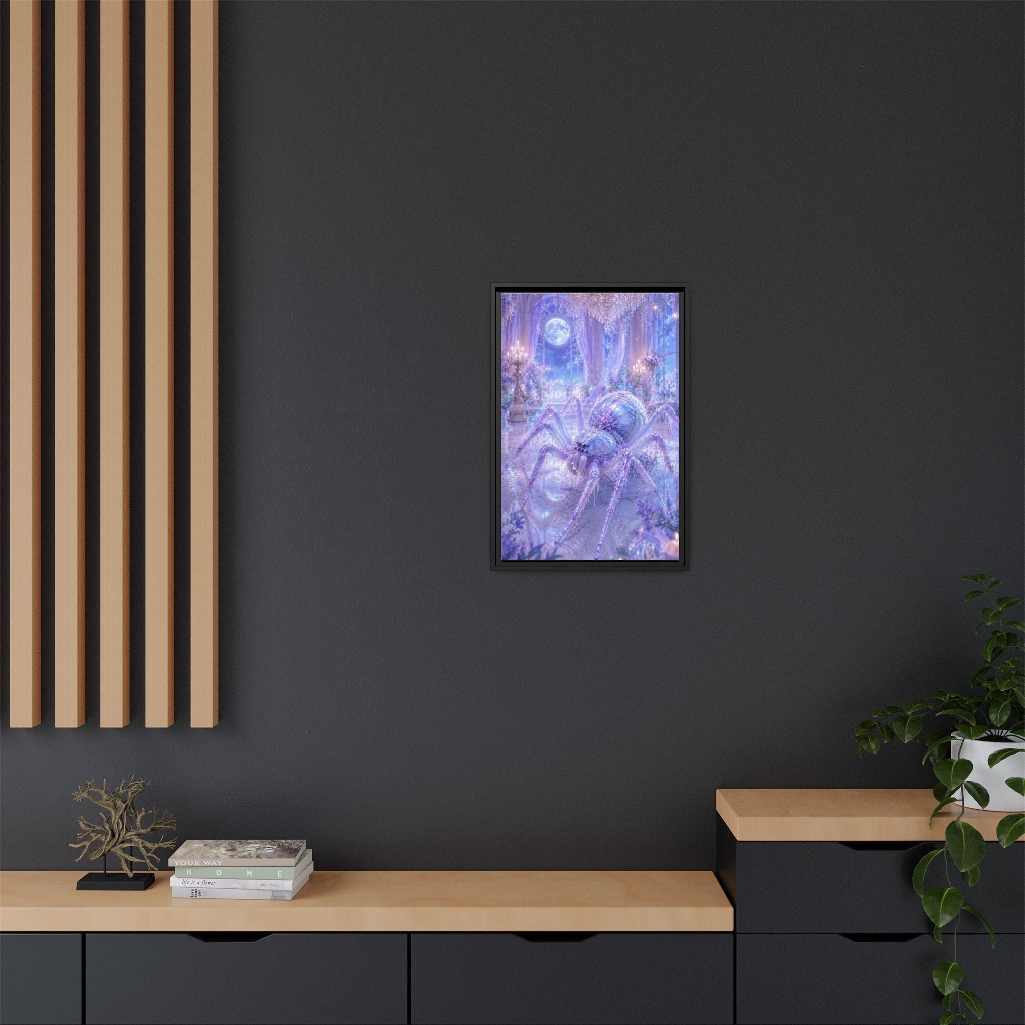 Moonlit Spider Fantasy Canvas Print — Lavender Enchanted Wall Art (Framed)