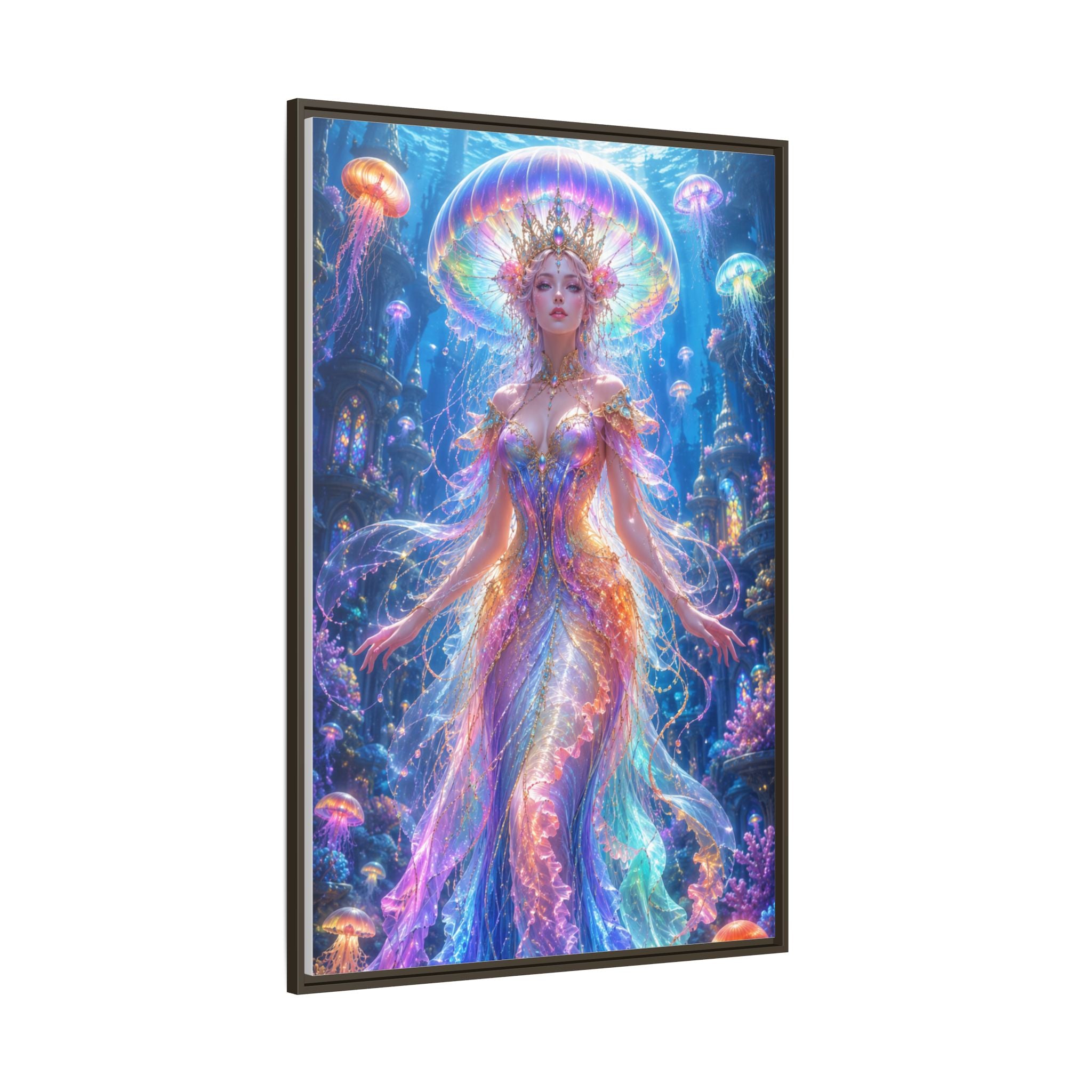 Jellyfish Queen Framed Canvas Art — Vibrant Mermaid Goddess Wall Print