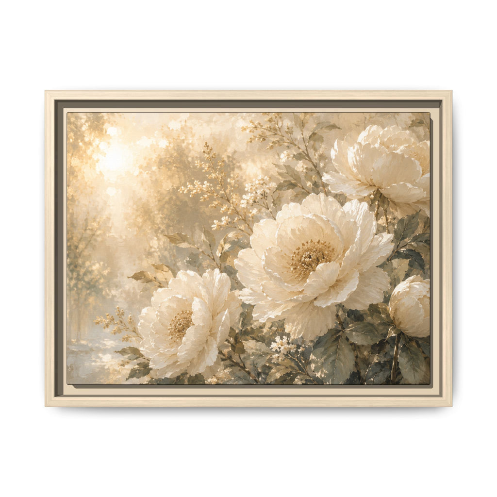 Framed Floral Canvas Wall Art – Vintage Cream Peony Matte Print