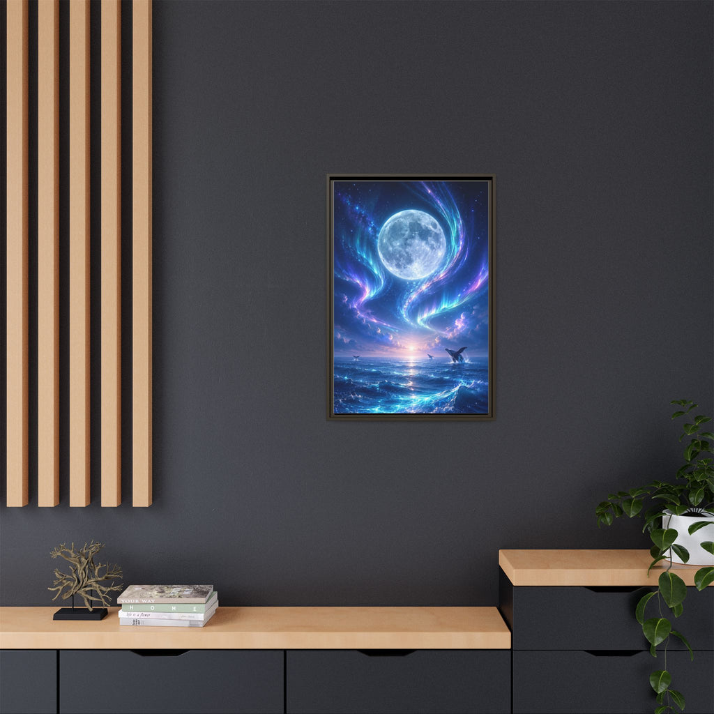 Framed Canvas Art - Lunar Aurora Ocean Scene