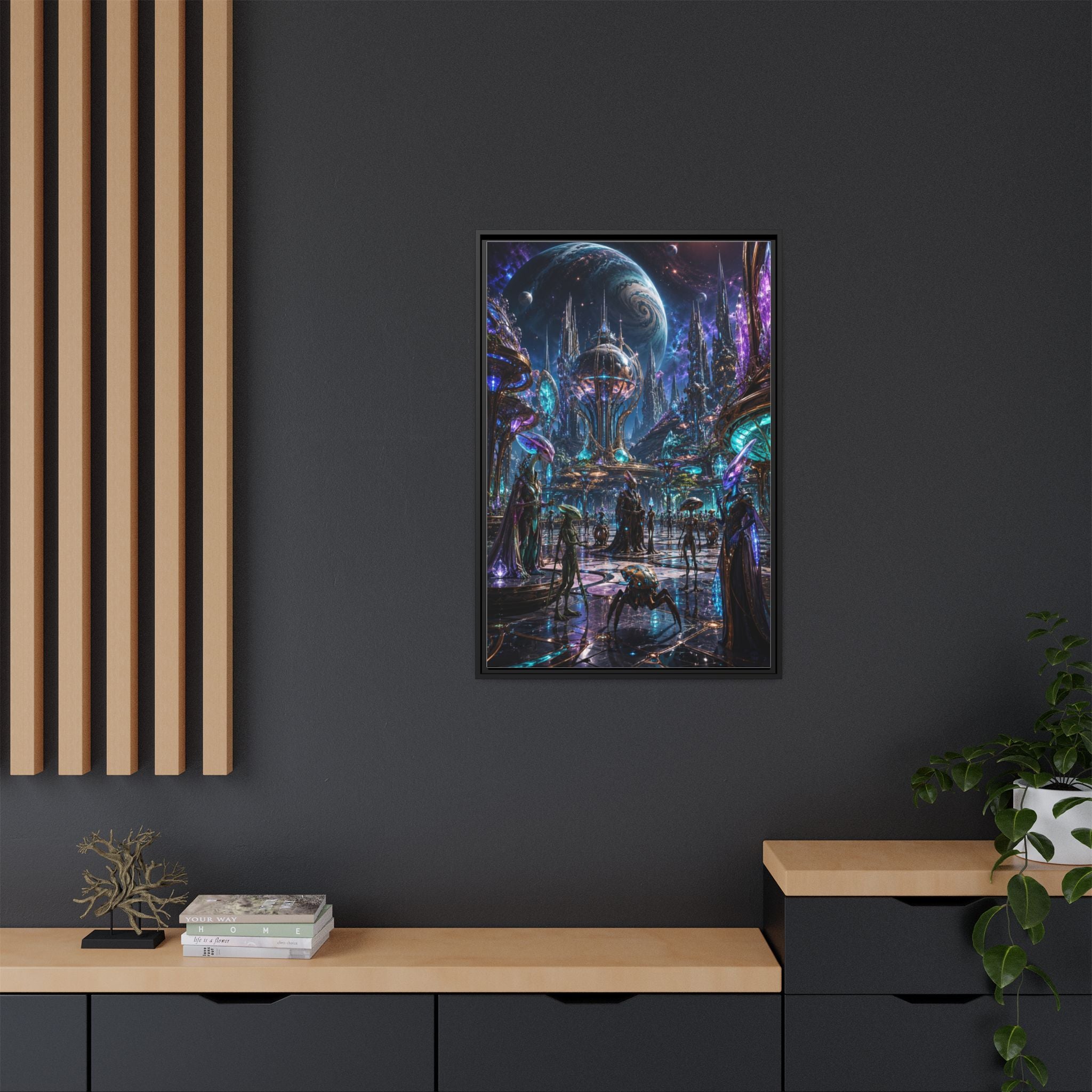 Framed Matte Canvas - Neon Sci‑Fi Cityscape Wall Art