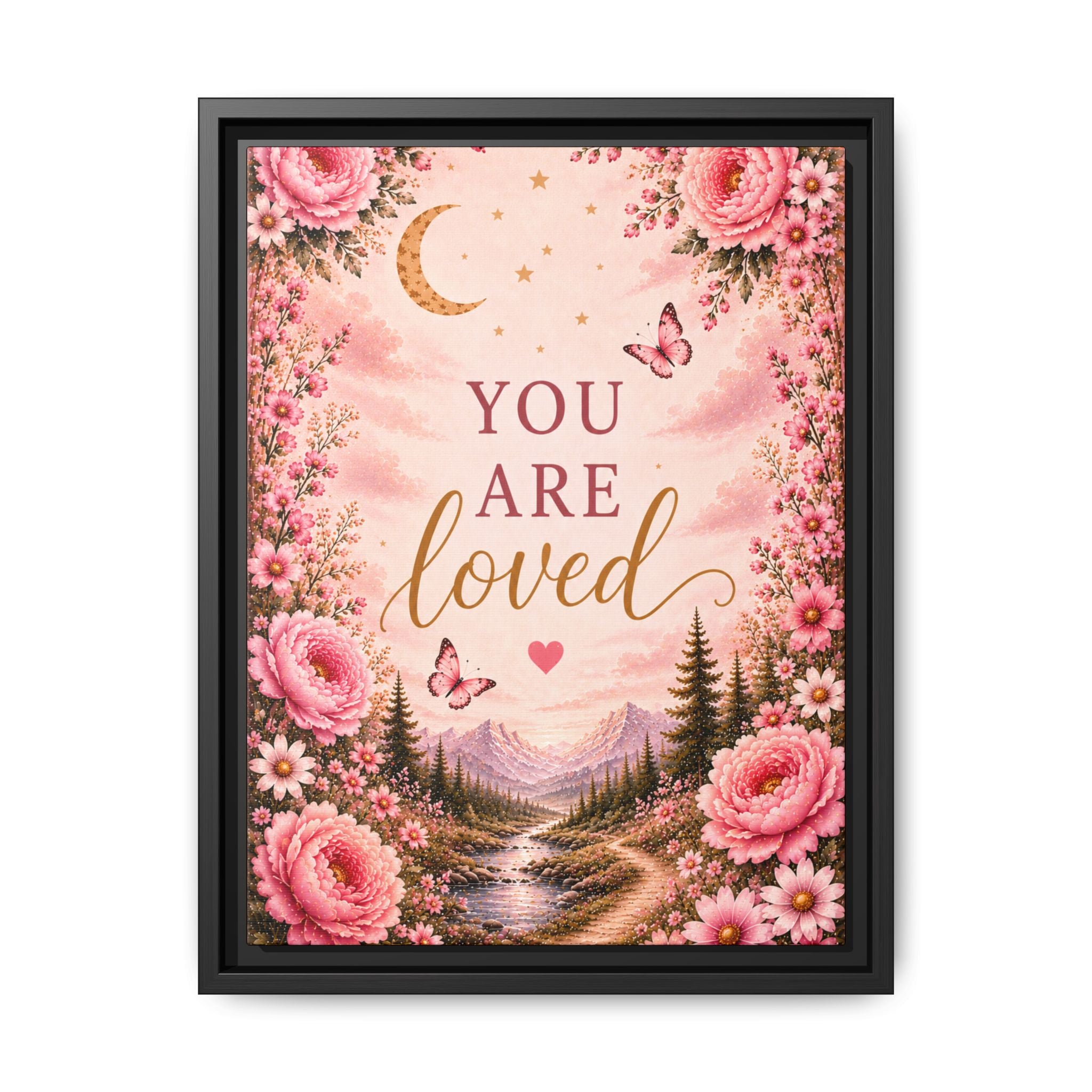 You Are Loved wall art Framed Canvas | Floral moon landscape print