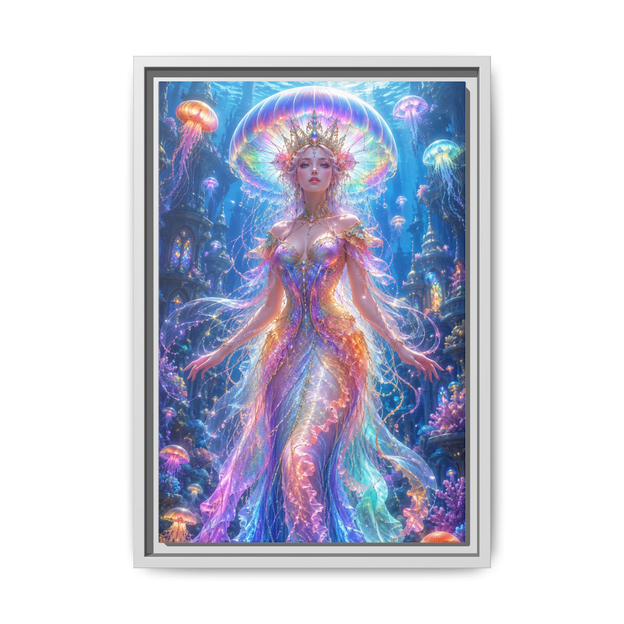 Jellyfish Queen Framed Canvas Art — Vibrant Mermaid Goddess Wall Print