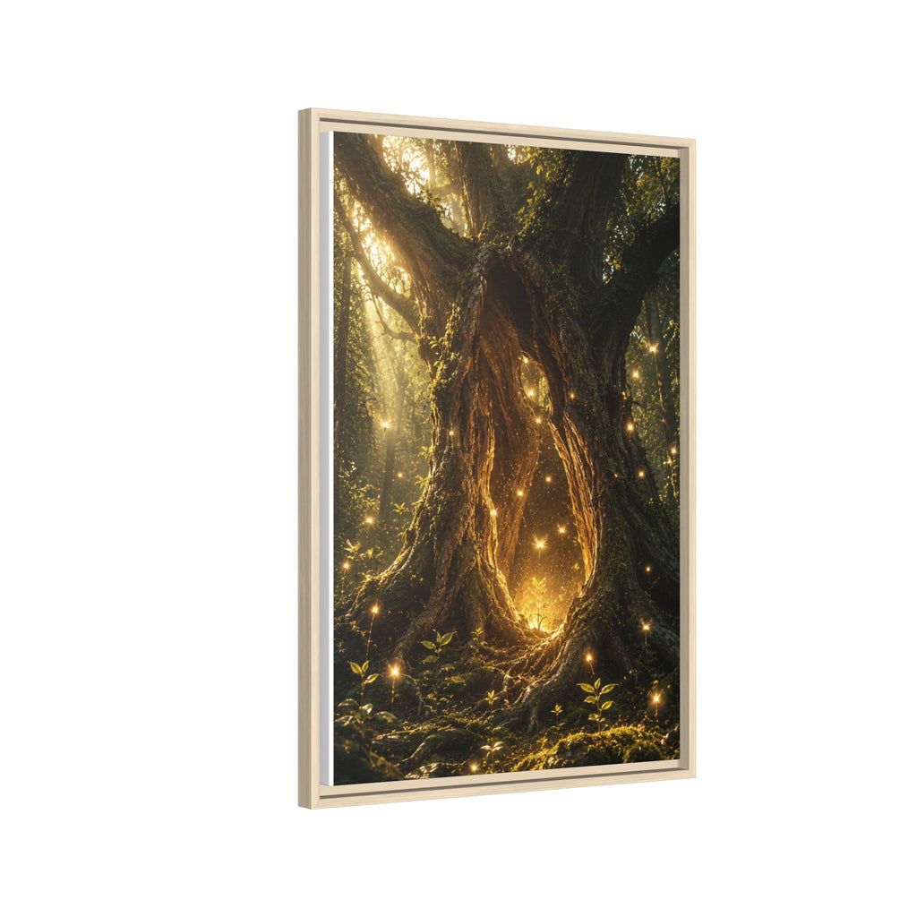 Framed Canvas Art - Enchanted Forest Tree with Glowing Fireflies