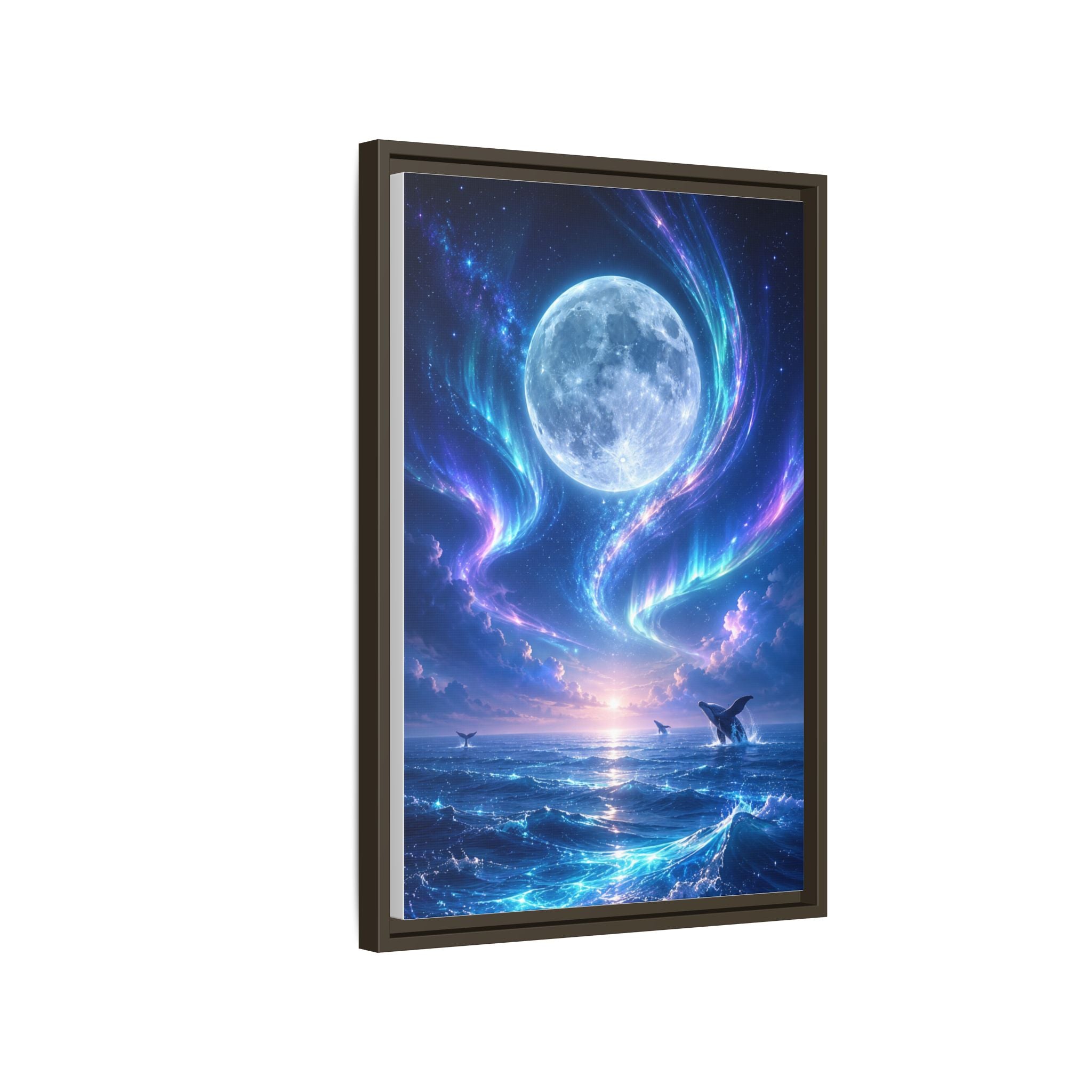 Framed Canvas Art - Lunar Aurora Ocean Scene