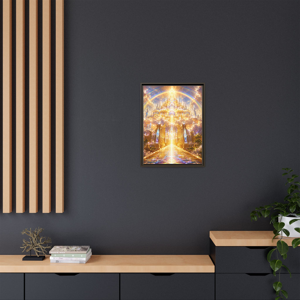 Heavenly Gateway Matte Framed Canvas — Golden Rainbow Spiritual Wall Art