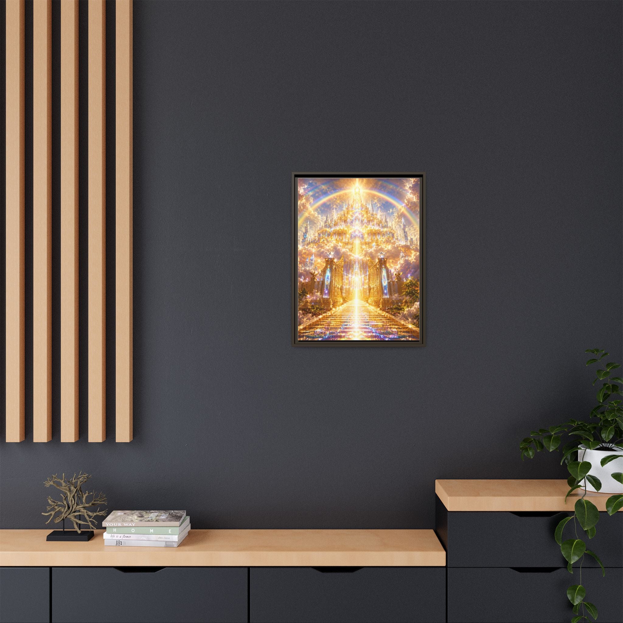Heavenly Gateway Matte Framed Canvas — Golden Rainbow Spiritual Wall Art