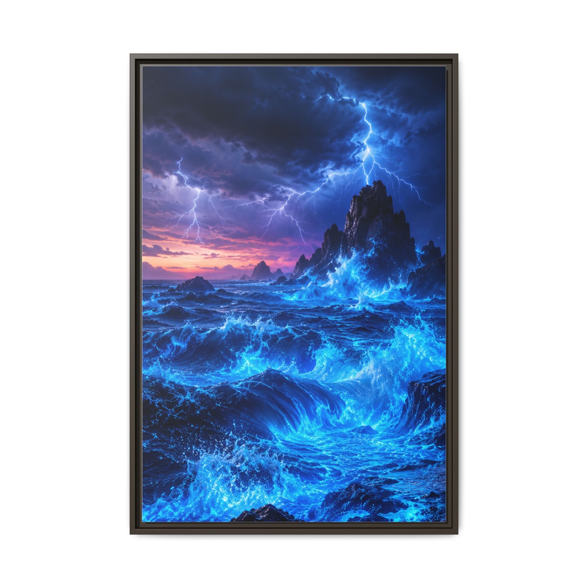 Framed Matte Canvas Art — Electric Stormy Ocean Landscape