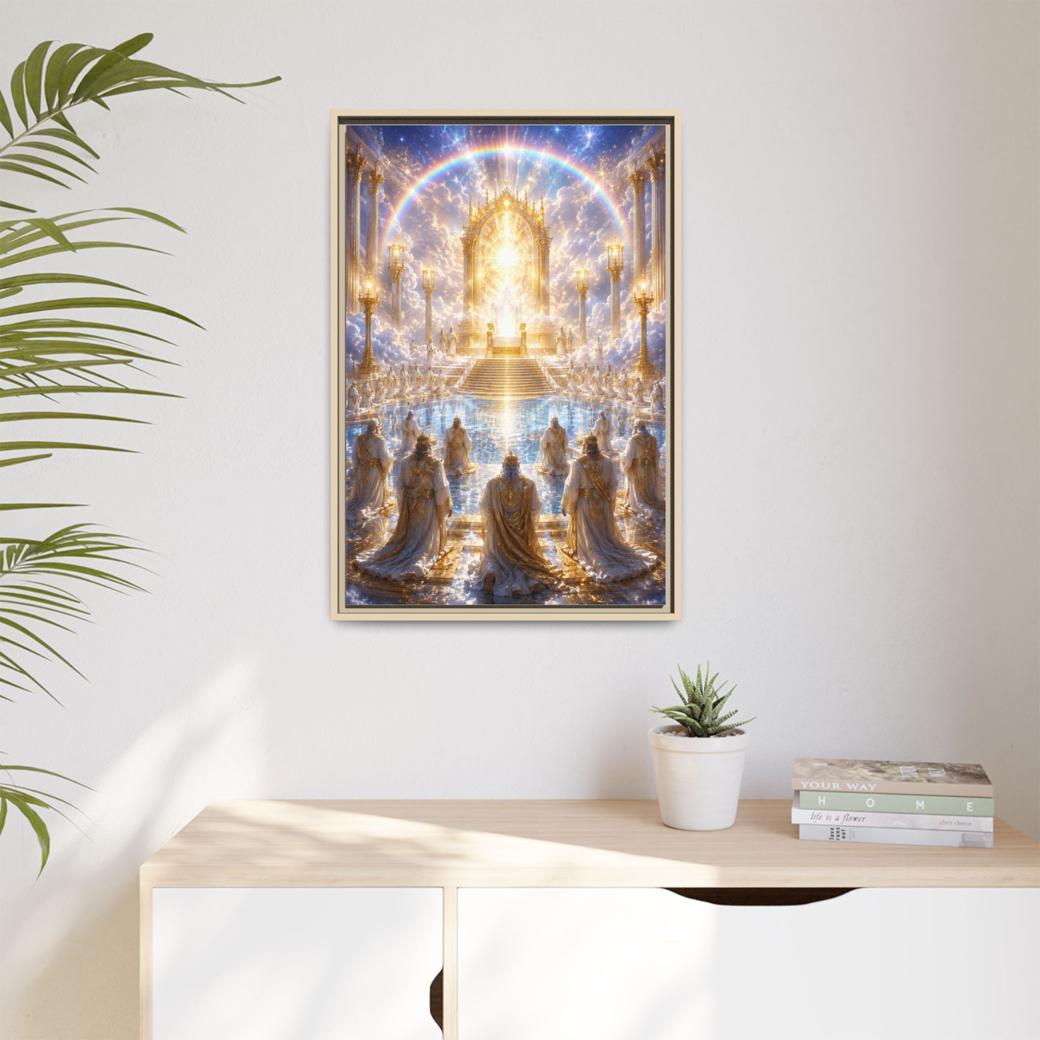 Heavenly Throne Room Matte Framed Canvas — Golden Angelic Realm Wall Art