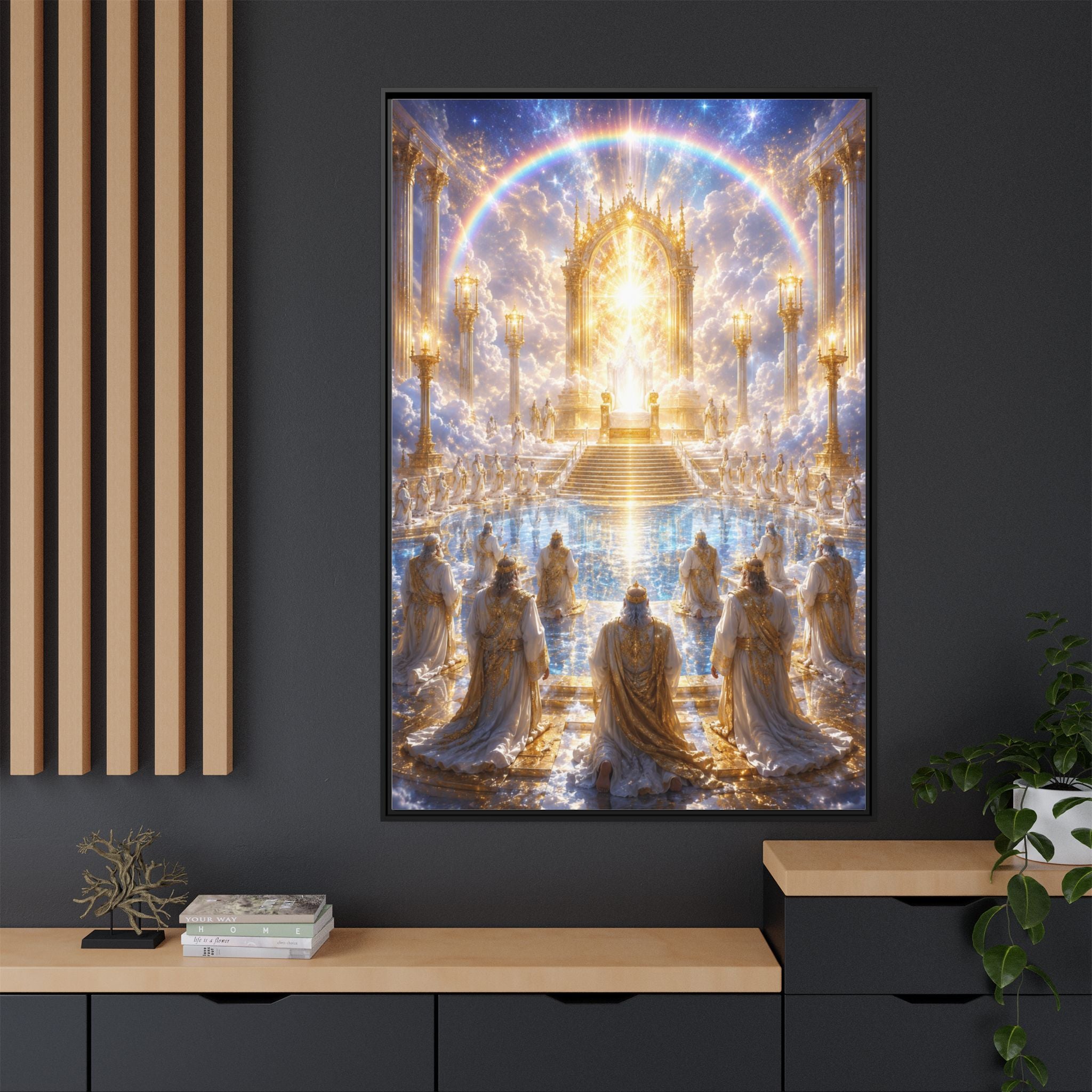 Heavenly Throne Room Matte Framed Canvas — Golden Angelic Realm Wall Art