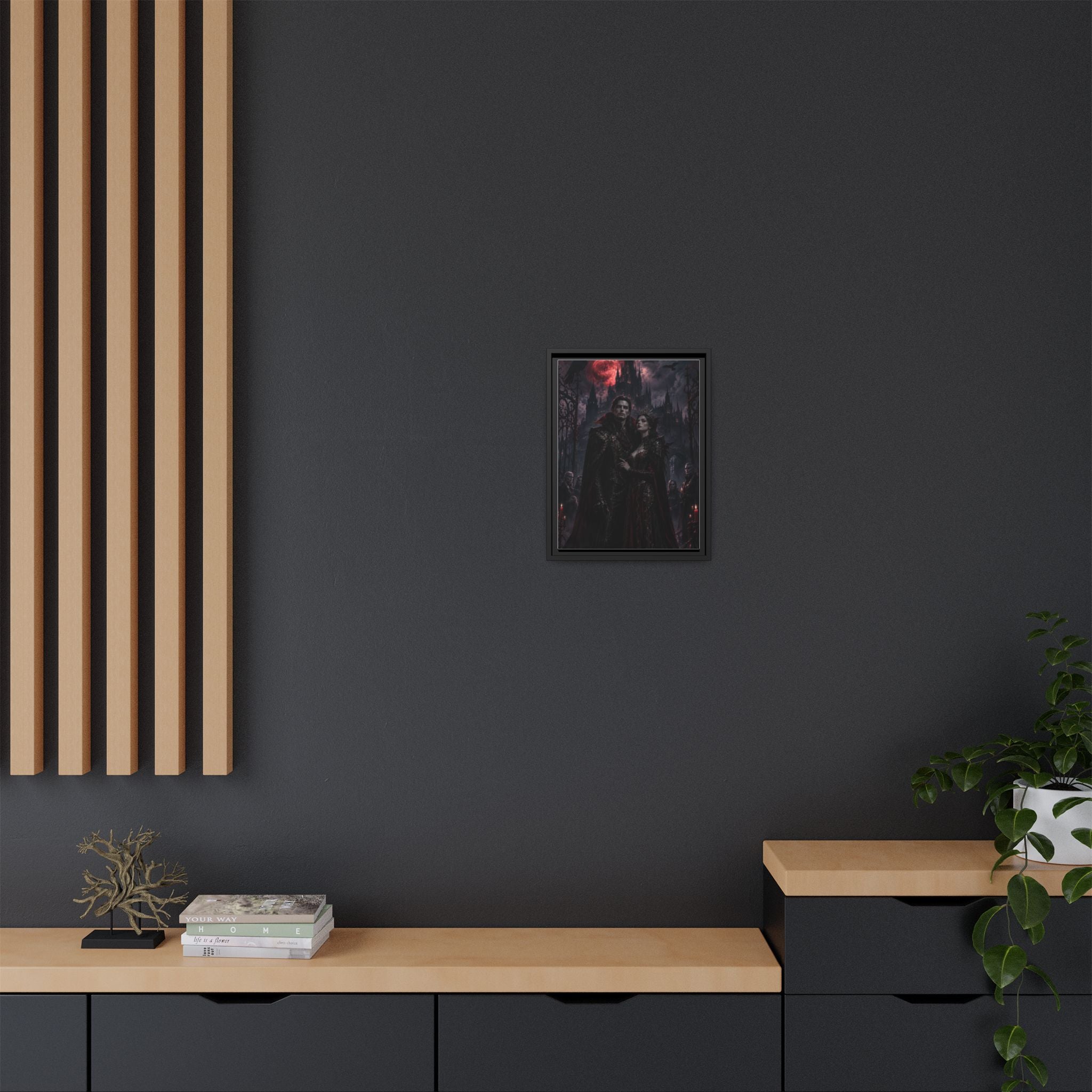 Vampire Couple Matte Framed Canvas Art – Gothic Red Moon Wall Decor