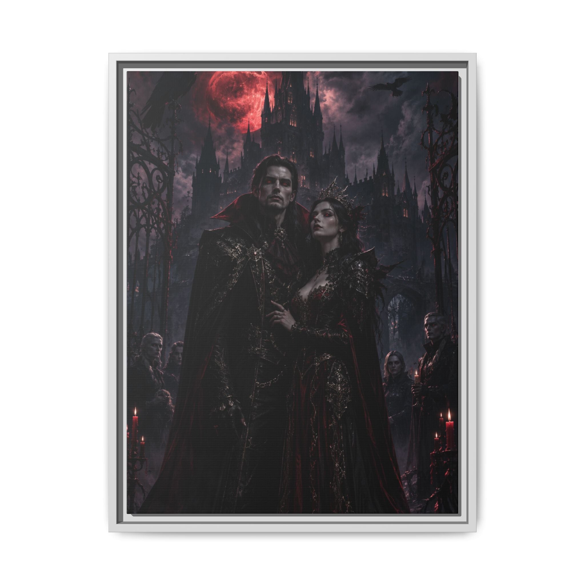 Vampire Couple Matte Framed Canvas Art – Gothic Red Moon Wall Decor