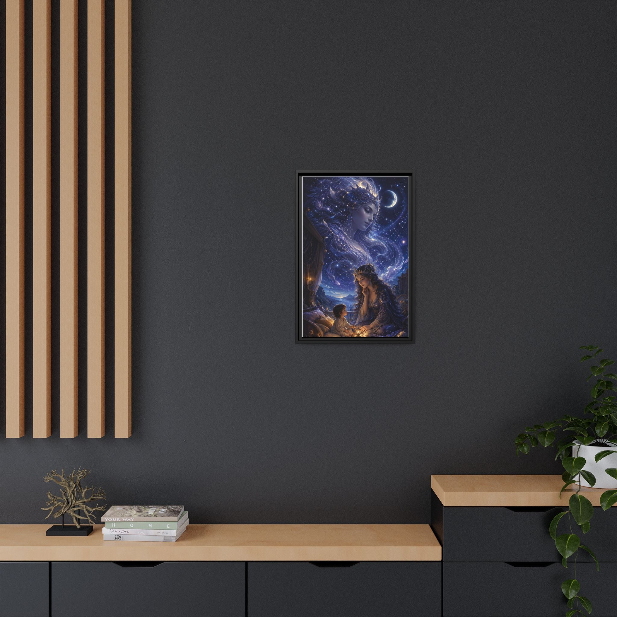 Framed Matte Canvas — Mystical Moon Mother & Child Nightscape Wall Art
