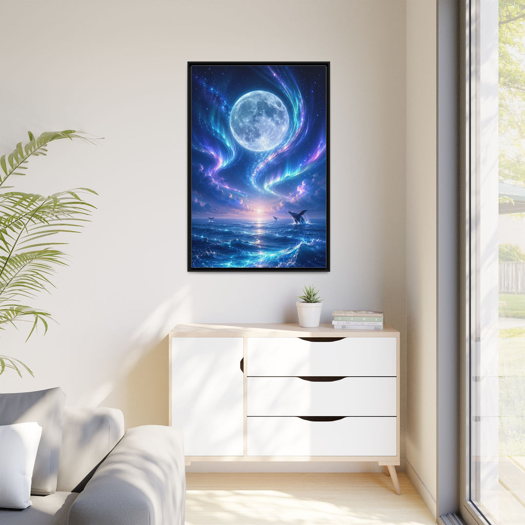 Framed Canvas Art - Lunar Aurora Ocean Scene