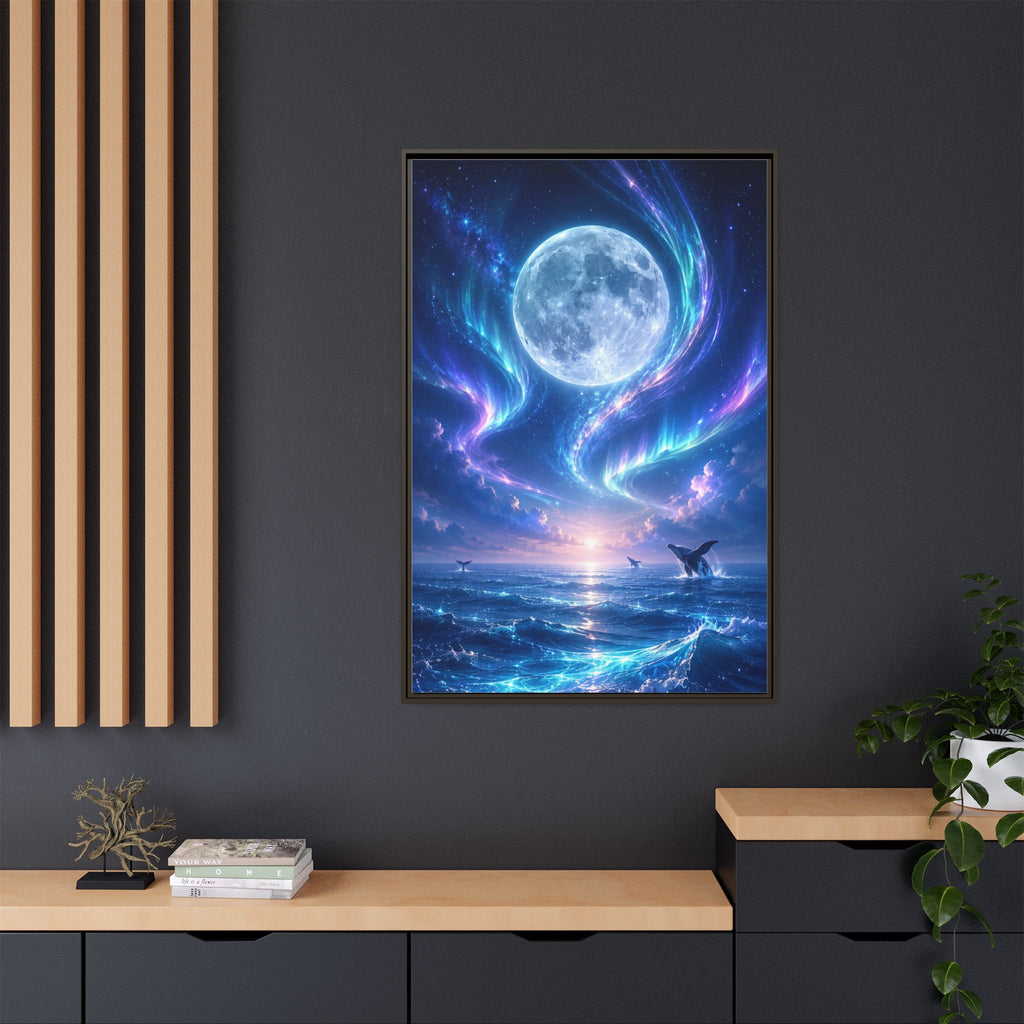 Framed Canvas Art - Lunar Aurora Ocean Scene