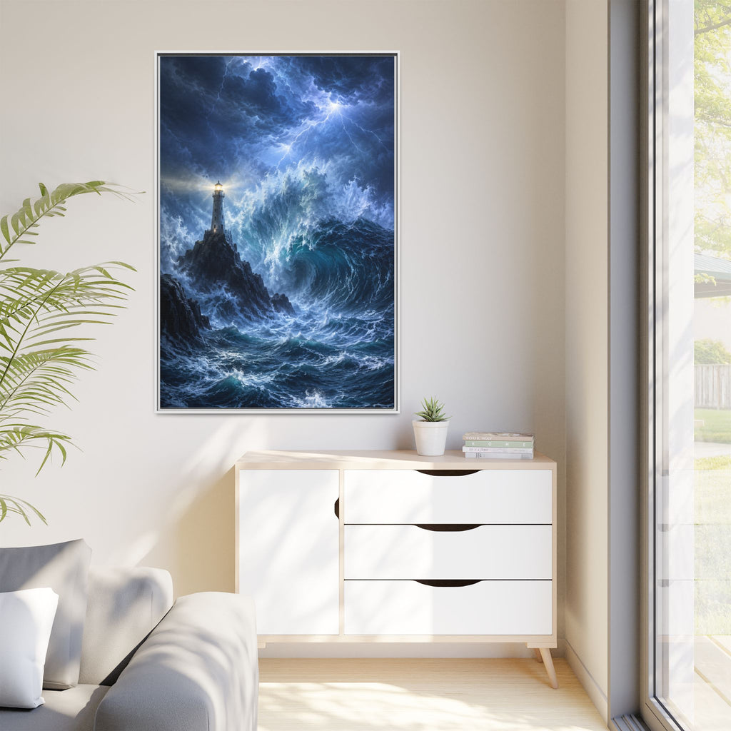 Framed Matte Canvas – Stormy Lighthouse Ocean Print