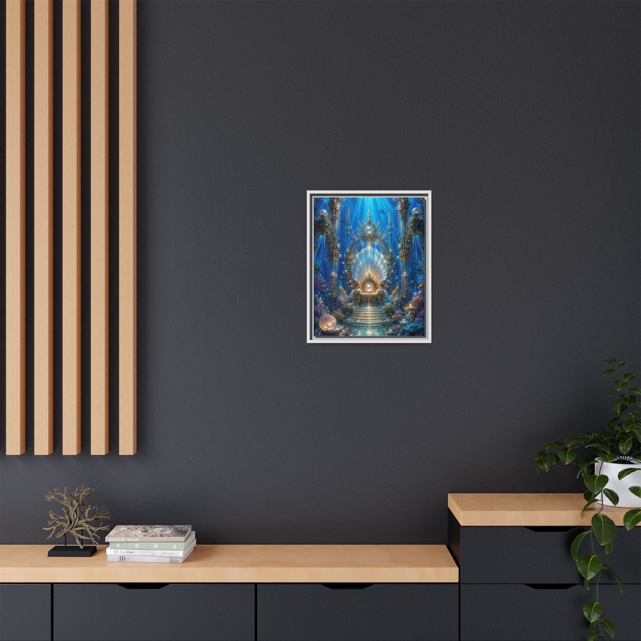 Underwater Palace Framed Canvas Art — Mermaid Throne Ocean Fantasy Print