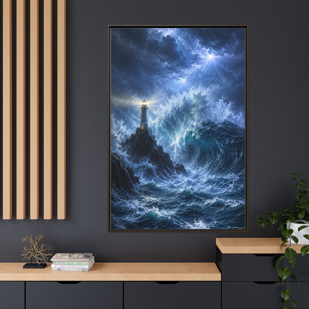 Framed Matte Canvas – Stormy Lighthouse Ocean Print