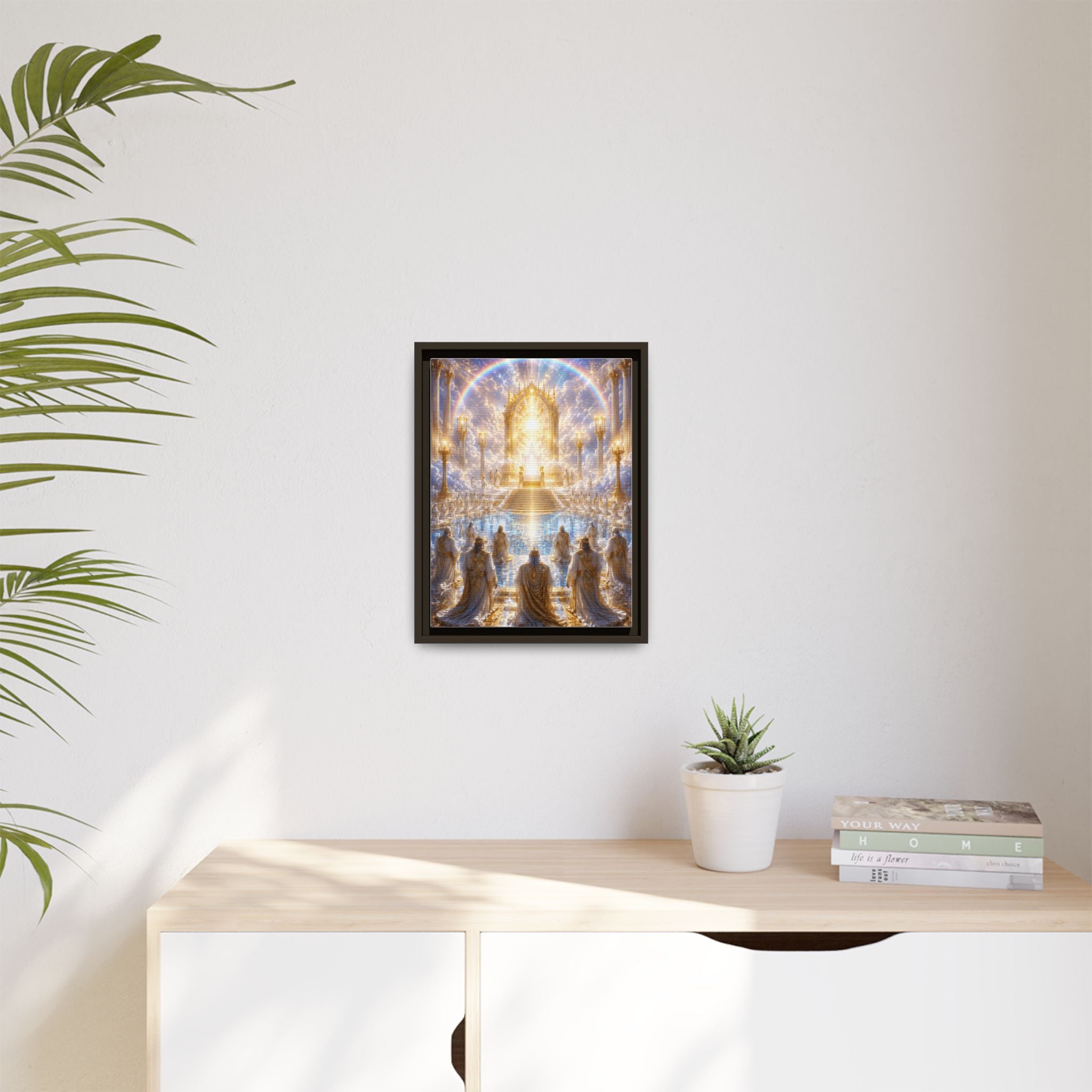 Heavenly Throne Room Matte Framed Canvas — Golden Angelic Realm Wall Art